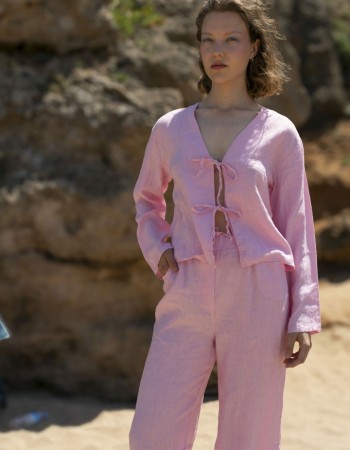 Pembe Çift Düğmeli Keten Pantolon